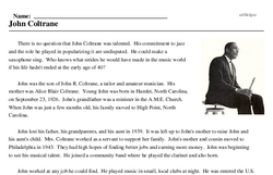 Print <i>John Coltrane</i> reading comprehension.