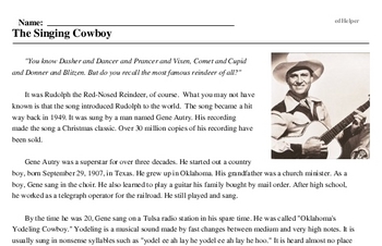 Print <i>The Singing Cowboy</i> reading comprehension.