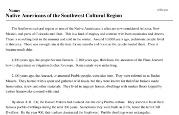 Print <i>Native Americans of the Southwest Cultural Region</i> reading comprehension.