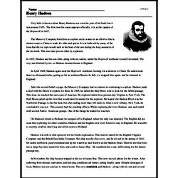 Print <i>Henry Hudson</i> reading comprehension.