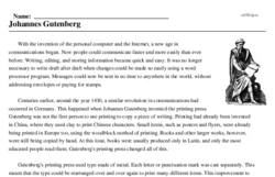 Print <i>Johannes Gutenberg</i> reading comprehension.