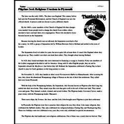 Print <i>Pilgrims Seek Religious Freedom in Plymouth</i> reading comprehension.