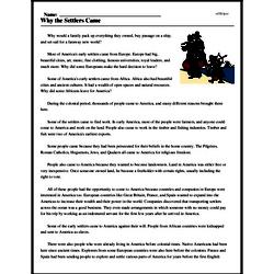 Print <i>Why the Settlers Came</i> reading comprehension.
