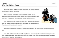 Print <i>Why the Settlers Came</i> reading comprehension.