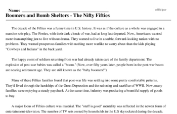 Print <i>Boomers and Bomb Shelters - The Nifty Fifties</i> reading comprehension.