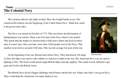 Print <i>The Colonial Navy</i> reading comprehension.