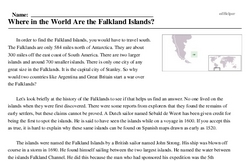 Print <i>Where in the World Are the Falkland Islands?</i> reading comprehension.