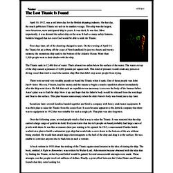 Print <i>The Lost Titanic Is Found</i> reading comprehension.