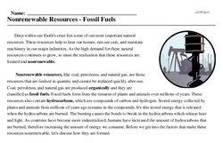 Print <i>Nonrenewable Resources - Fossil Fuels</i> reading comprehension.