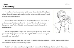 Print <i>Whose Harp?</i> reading comprehension.