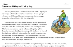 Print <i>Mountain Biking and Unicycling</i> reading comprehension.