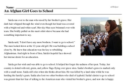 Print <i>An Afghan Girl Goes to School</i> reading comprehension.