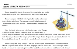 Print <i>Teesha Drinks Clean Water</i> reading comprehension.