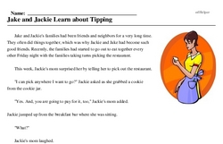 Print <i>Jake and Jackie Learn about Tipping</i> reading comprehension.