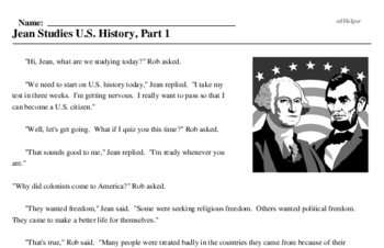 Print <i>Jean Studies U.S. History, Part 1</i> reading comprehension.