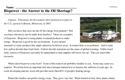 Print <i>Biopower - the Answer to the Oil Shortage?</i> reading comprehension.