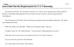 Print <i>Jean Finds Out the Requirements for U.S. Citizenship</i> reading comprehension.
