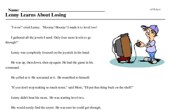Print <i>Lenny Learns About Losing</i> reading comprehension.
