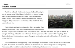 Print <i>Paulo's Forest</i> reading comprehension.