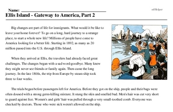 Print <i>Ellis Island - Gateway to America, Part 2</i> reading comprehension.