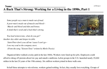 Print <i>A Back That's Strong: Working for a Living in the 1890s, Part 1</i> reading comprehension.