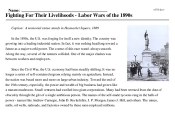 Print <i>Fighting For Their Livelihoods - Labor Wars of the 1890s</i> reading comprehension.