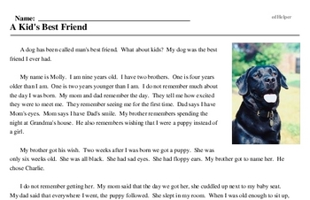 Print <i>A Kid's Best Friend</i> reading comprehension.