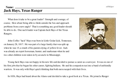 Print <i>Jack Hays, Texas Ranger</i> reading comprehension.