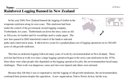 Print <i>Rainforest Logging Banned in New Zealand</i> reading comprehension.