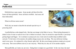 Print <i>Pufferfish</i> reading comprehension.