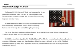 Print <i>President George W. Bush</i> reading comprehension.