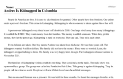 Print <i>Andres Is Kidnapped in Colombia</i> reading comprehension.