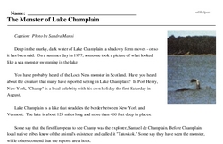 Print <i>The Monster of Lake Champlain</i> reading comprehension.