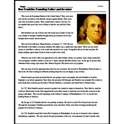 Print <i>Ben Franklin: Founding Father and Inventor</i> reading comprehension.