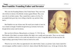 Print <i>Ben Franklin: Founding Father and Inventor</i> reading comprehension.