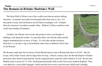 Print <i>The Romans in Britain: Hadrian's Wall</i> reading comprehension.