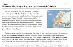 Print <i>Romania: The Story of Irgiz and the Abandoned Children</i> reading comprehension.