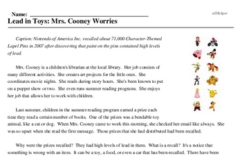 Print <i>Lead in Toys: Mrs. Cooney Worries</i> reading comprehension.