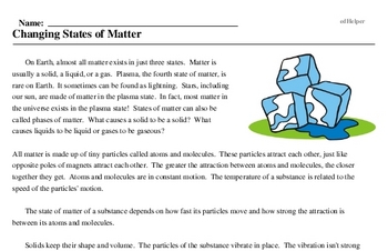 Print <i>Changing States of Matter</i> reading comprehension.