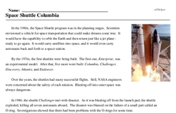 Print <i>Space Shuttle <i>Columbia</i></i> reading comprehension.