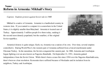 Print <i>Reform in Armenia: Mikhail's Story</i> reading comprehension.