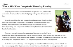 Print <i>What a Ride! Cisco Competes in Three-Day Eventing</i> reading comprehension.