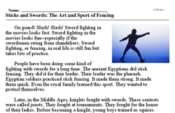 Print <i>Sticks and Swords: The Art and Sport of Fencing</i> reading comprehension.