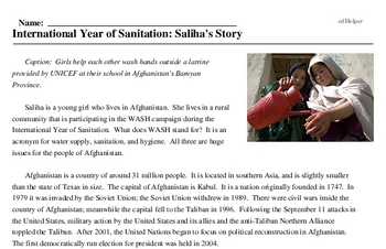 Print <i>International Year of Sanitation: Saliha's Story</i> reading comprehension.