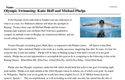 Print <i>Olympic Swimming: Katie Hoff and Michael Phelps</i> reading comprehension.