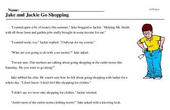 Print <i>Jake and Jackie Go Shopping</i> reading comprehension.