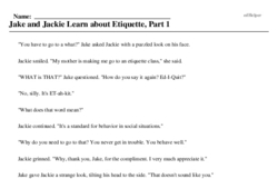 Print <i>Jake and Jackie Learn about Etiquette, Part 1</i> reading comprehension.