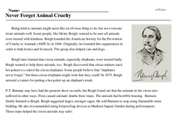 Print <i>Never Forget Animal Cruelty</i> reading comprehension.