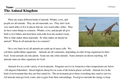 Print <i>The Animal Kingdom</i> reading comprehension.