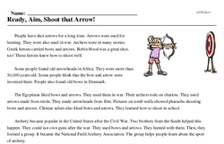 Print <i>Ready, Aim, Shoot that Arrow!</i> reading comprehension.